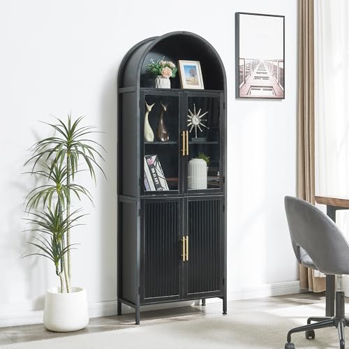 VIPLUMI Arched Bookcase with Glass Doors, 5-Tier Tall Book Shelf, Black