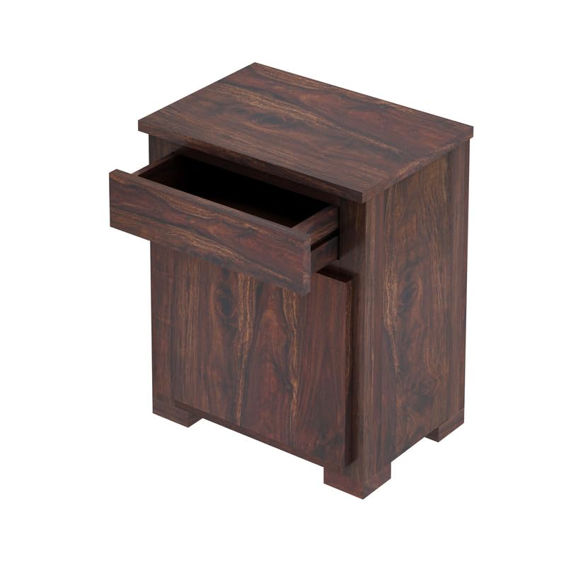 Image of Solid Sheesham Wood Bedside Table with 1 Drawer & 1 Door Storage, End Table, Side Table for Bedroom, Living Room, Home (Walnut Finish)
