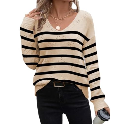 Zeagoo Sweaters for Women Fall Clothing Trendy 2024 Long Sleeve Shirts Off Shoulder Crochet V Neck Knit Pullover Tops Outfits