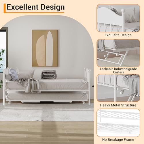 Image of Garvee Twin Daybed with Trundle, Twin Bed Frame with with Stylish Headboard | Sofa BedFrame with Pop Up Foldable Trundle Bed, Heavy Duty Steel Slats Platform for Bedroom and Guest Room, White