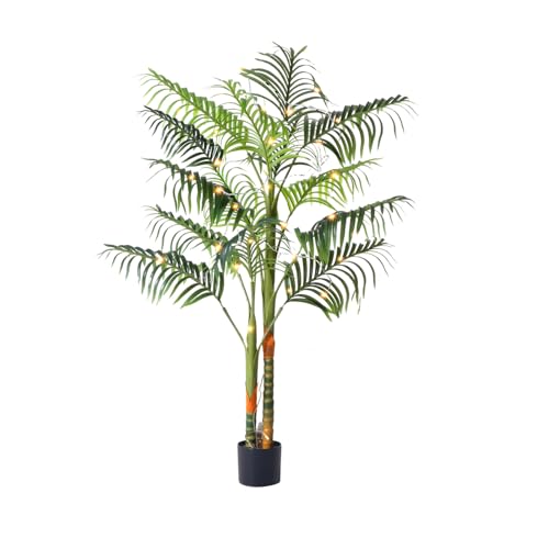 5FT Artificial Palm Tree Tall Plant with Planter & Moss Realistic 2-Trunk Artificial Tree with Lights Lifelike Leaves Fake Palm Tree Low Maintenance Palm Tree Decor for Home Office Living Room