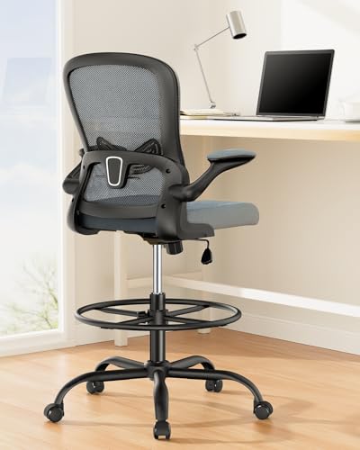 Image of ErGear Drafting Chair,Tall Office Chair with Flip-Up Armrests, High Desk Chair Adjustable Height and Adjustable Footrest Ring, Ergonomic Standing Desk Chair with Lumbar Support, Blue