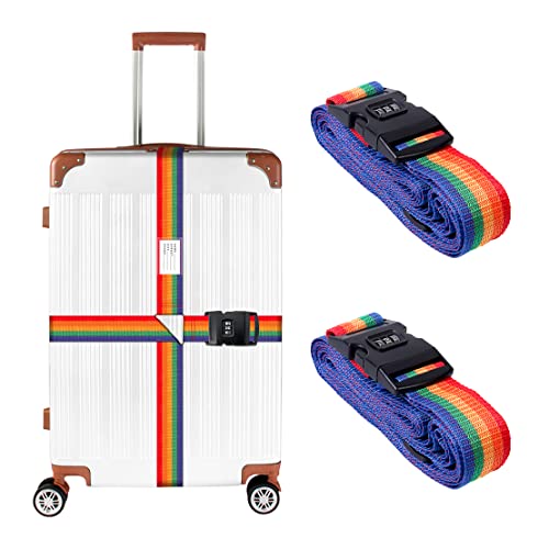 DeryArcle 2 Sangles à Bagages, Sangle Valise Voyage Réglables, Ceintures Valises avec Serrure, Ceinture Bagage étiquettes Accessoires pour Sac à Dos Bagage (Arc en Ciel) Cover