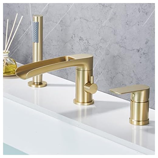 DASAN Roman Bathtub Faucet with Handheld Shower Sprayer Deck Mount 3-Hole Tub Filler Faucet Set, Brushed Gold Waterfall Roman Tub Faucet with Valve Included, DA-TFD9BG-WH