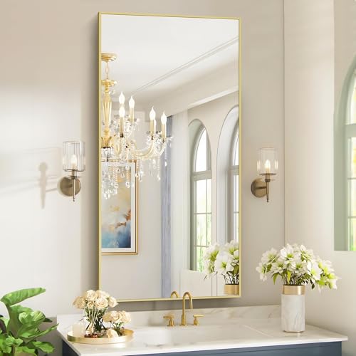 Image of COFENY 48x24In Gold Bathroom Mirror for Wall, Brushed Gold Rectangle Mirrors with Metal Frame, Bathroom Rectangular Mirror Modern Wall Mirror for Bedroom Living Room, Hangs Horizontal or Vertical