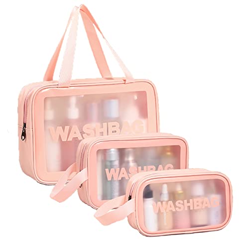 Travel Toiletry Bag for Women Men, Translucent Waterproof Travel Makeup Cosmetic Pouch Traveling Organizer for Toiletries, Cosmetic, Accessories (A-Pink)