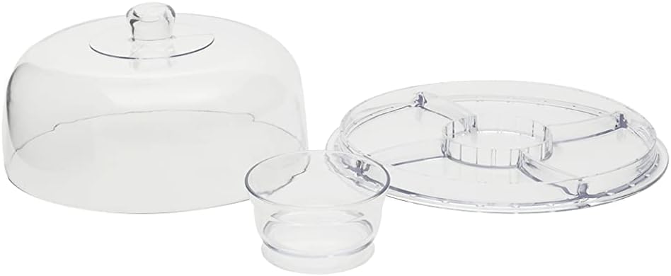 Extra Large (12") 6 in 1 Acrylic Cake Stand with Dome Lid Multifunctional Serving Platter and Plate, Salad Bowl/Veggie Platter/Punch Bowl/Desert Platter/Chips & Dip - BPA Free