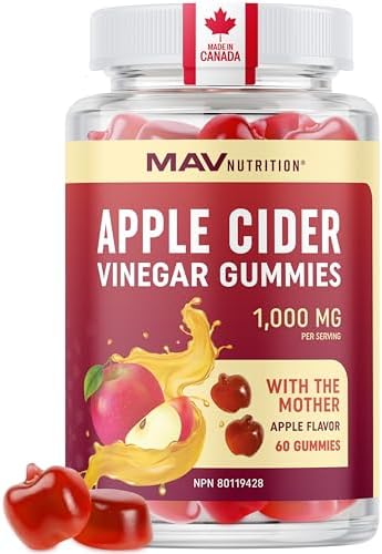 Apple Cider Vinegar Gummy 1000MG | Vegan Healthy Weight Digestion & Keto Diet Support ACV Gummies | With The Mother & Folate | Vinaigre de Cidre de Pomme Bruleur de Graisse | Made in Canada, 60 Ct