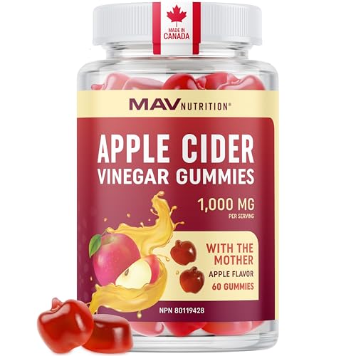 MAV NUTRITION - Apple Cider Vinegar Gummy 1000MG | Vegan Healthy Weight Digestion & Keto Diet Support ACV Gummies | With The Mother & Folate | Vinaigre de Cidre de Pomme Bruleur de Graisse | Made in Canada, 60 Ct