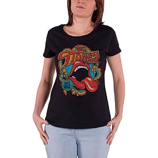 Rolling Stones The T Shirt Retro 70S Vibe Nouveau Officiel Femme Skinny Fit Noir - Les Beatles, Paul McCartney, John Lennon, RIngo Starr, George Harrison