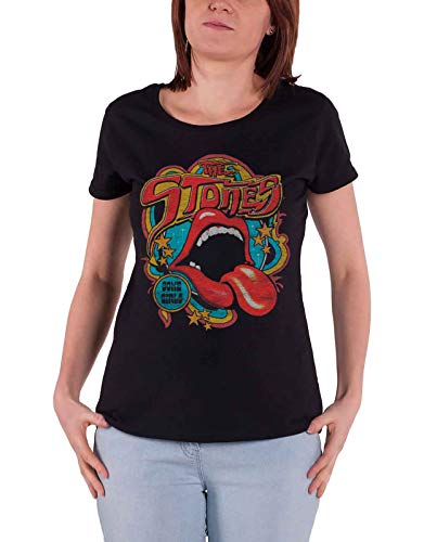 Rolling Stones The T Shirt Retro 70S Vibe Nouveau Officiel Femme Skinny Fit Noir - Les Beatles, Paul McCartney, John Lennon, RIngo Starr, George Harrison Rolling Stones The T Shirt Retro 70S Vibe Nouveau Officiel Femme Skinny Fit Noir
