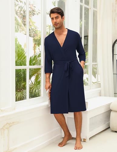 Ekouaer Men's Lightweight Kimono Spa Robe Knit Bathrobe Soft Sleepwear 3/4 Sleeve Loungewear with Pockets S-XXL2