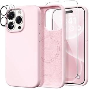 GONEZ for iPhone 15 Pro Max Case Silicone, Compatible with Magsafe, Camera Protector + Screen Protector, Soft Anti-Scratch Microfiber Lining, Liquid Silicone Shockproof Phone Cover, Chalk Pink