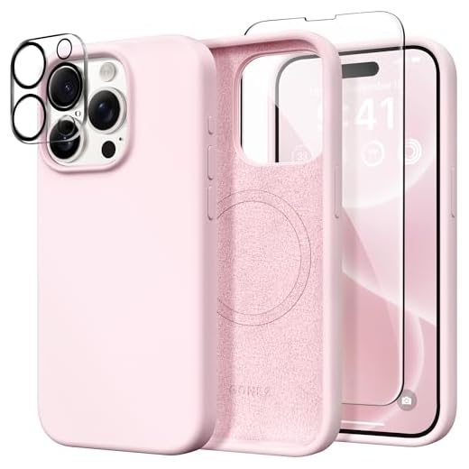 GONEZ for iPhone 15 Pro Max Case Silicone, Compatible with Magsafe, Camera Protector + Screen Protector, Soft Anti-Scratch Microfiber Lining, Liquid Silicone Shockproof Phone Cover, Chalk Pink
