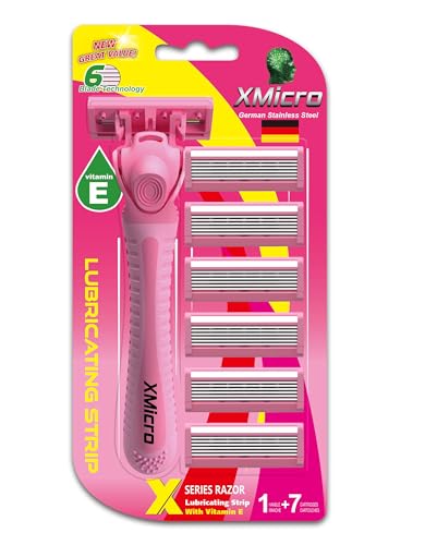 XMicro® Pink Razors For Women, 1 Razor, 7 Blade Refills With German Stainless Steel, Lubricated With Vitamin E, Aloe For Smooth Shave, Shields Against Irritation, Light Weight Version X Women