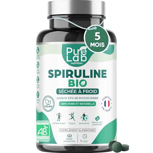 Spiruline Bio - 600 Comprimés Vegan, Cure 5 Mois - Jusqu'à 21% Phycocyanine et 69% Protéines - Séchée à Froid - Antioxydant, Energie, Immunité - Sans Excipient ni Additif - Marque Française
