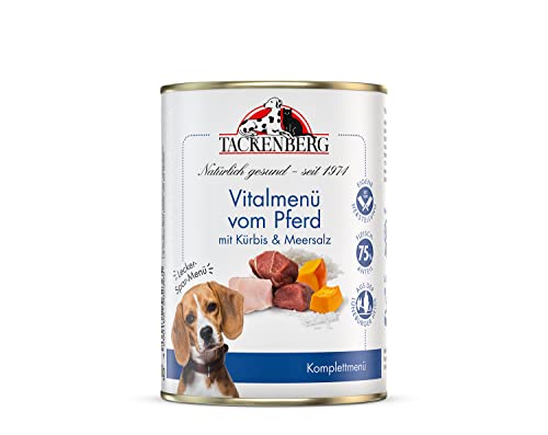 TACKENBERG Vitalmenü vom Pferd mit Kürbis & Meersalz Nassfutter Dose für Hunde - Hundefutter in Premiumqualität - natürlich getreidefrei, 6 x 400 g