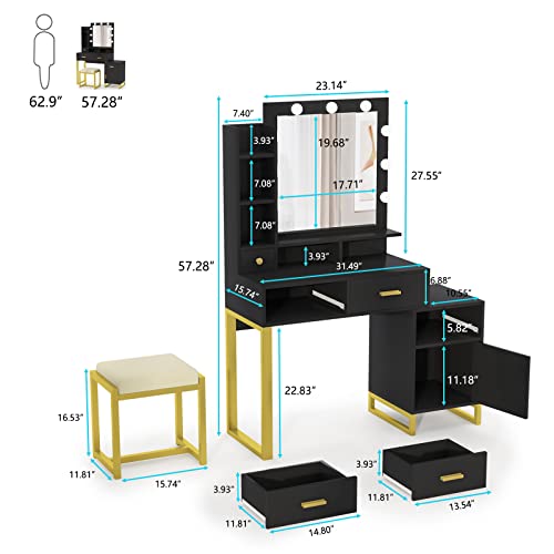 Pakasept Vanity Set With Lighted Mirror, Vanity Desk Makeup Vanity With 9 Light Bulbs, Cushioned Stool, Storage Shelves, Drawers, Dressing Table For Bedroom,Black #TOP6
