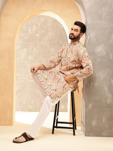 Sojanya (Since 1958 Men'S Cotton Linen Geometric Printed Kurta With White Pyjama2