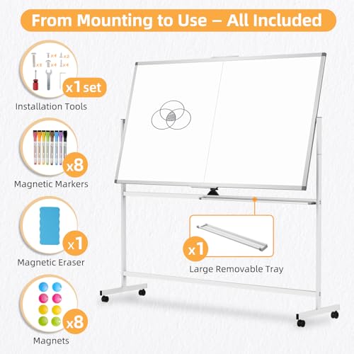 Image of Rolling Dry Erase Whiteboard with Stand, 48 inch x 36 inch White Board on Wheels