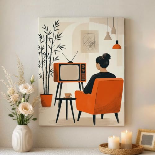 Arte de pared moderno de mediados de siglo, cuadro abstracto naranja y beige para salón