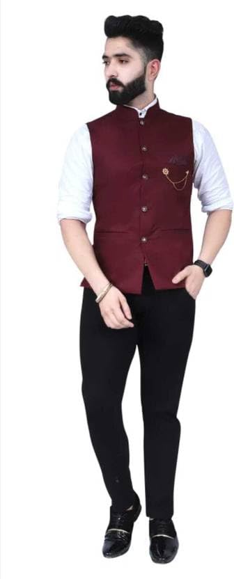 Image of Men's Nehru Style Waistcoat, Black Premium Matty Fabric, Sleeveless Regular Fit, Chain Brooch Detail