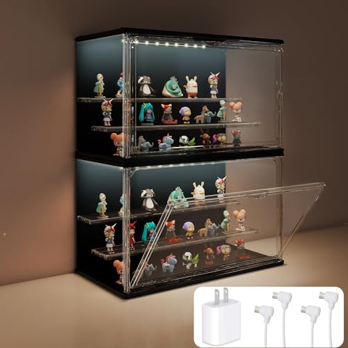 VERSSURE 2PCS Clear Display Case for Collectibles 3-Tier Adjustable Display Case with Led Light Stackable Storage Bins with Magnetic Door for Jewelry (Black)