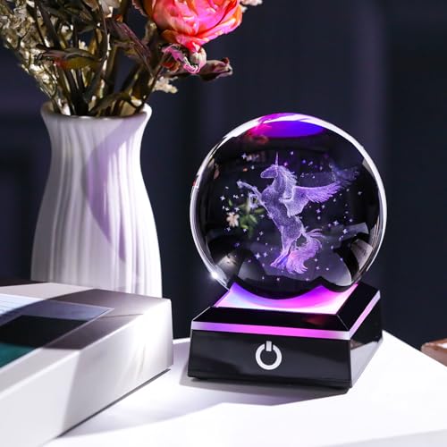 Image of 3D Unicorn Crystal Ball Snow Globe Gifts for Women, Laser Etched Unicorns Night Light Decor for Girls Bedroom for Adults or Girls
