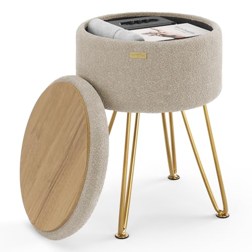STORAGEBUD Round Ottoman with Storage, Boucle Storage Ottoman, Foot Stool Ottomans, Makeup Vanity Stool, Small Ottomans Foot Rest, Modern Vanity Stools for Living Room and Bedroom, Beige