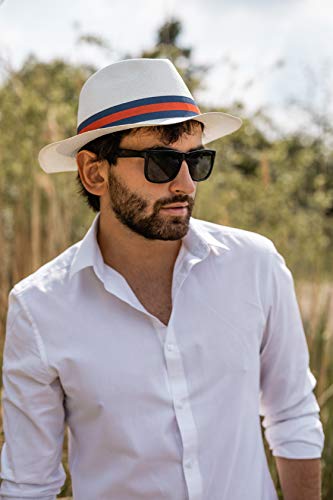 Borges & Scott - Teardrop Fedora Panama Hat - Cream Straw With Blue And Red Band - 61Cm #TOP6