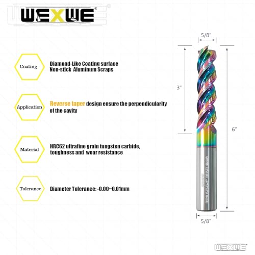 Image of Tools 5 /8 inch Extra Long Carbide Square End Mill for Aluminum, Copper Alloy, Plastic, 6 inch Overall Length End Mill Bits, 3 Flute HRC 62 Deg DLC Coating, CNC Router Bits 5 /8 Shank (5 /8-6 inch 1PCS)