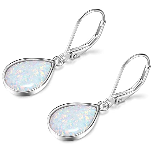 Dangle Earrings For Women White Opal: 925 Sterling Silver Leverback Earrings Opal Teardrop Created Drop Opal Earrings For Girls October Birthstone Opal Jewelry Mothers Day Gifts For Mom Valentines Christmas Birthday Jewelry Gifts For Wife Grandma Girlfriend #TOP3