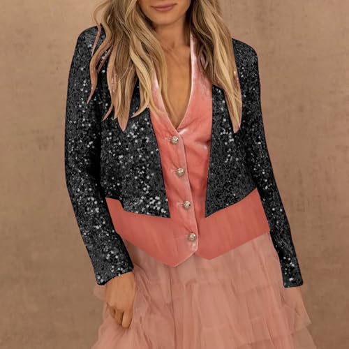 Women's Glitter Sequin Jackets Open Front Blazer Casual Long Sleeve Collarless Sparkly Lightweight Cropped Cardigan Coat2