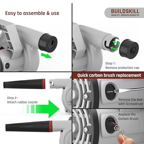 Image of BUILDSKILL 525W Air Blower Machine with 14000 RPM No Load Speed | Air Flow of 3.6 m3 /min | Continuous Start Switch | Protection Cap | Ideal Leaf Blower for Cleaning Dust PC, Car, Homes etc. | Grey