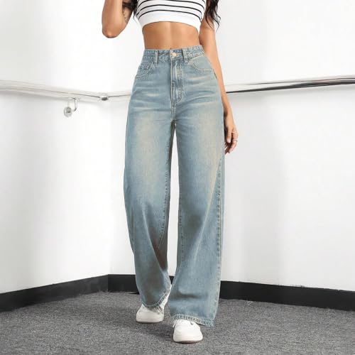 Image of Straight Leg Jeans for Women High Waisted Wide Leg Denim Pants