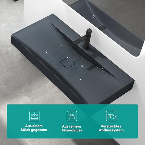 Mai & Mai Waschbecken Hängewaschbecken Aufsatzwaschbecken Mineralguss Anthrazit matt 1 Armaturenloch Rechteckig Breite: 100 cm Col810