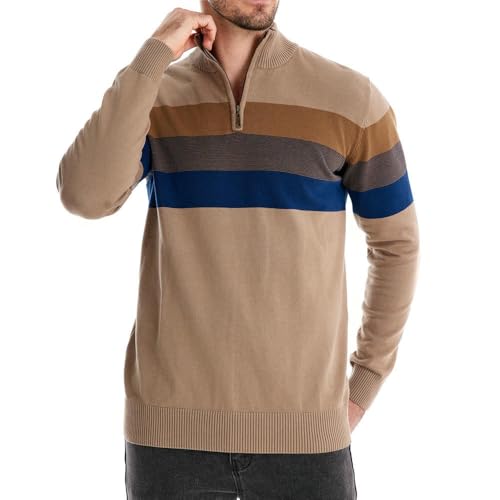 Men's Autumn Winter Striped Patchwork Semi-Zipper Pullover Sweater3