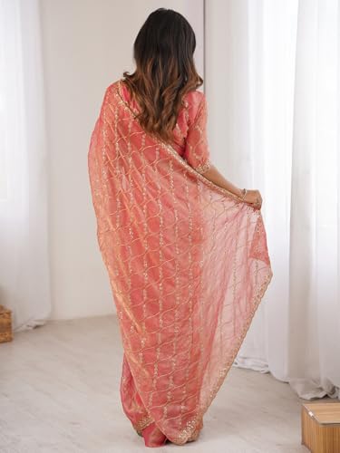 Image of AKHILAM Women's Shimmer Chiffon Heavy Sequence Embroidery Work Saree With Unstitched Blouse Piece (VT798A VM Parent)