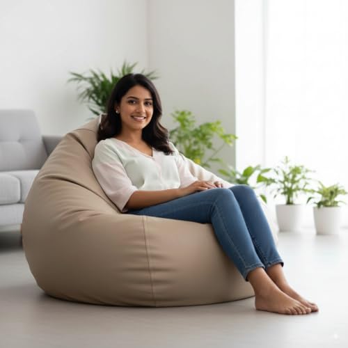 Image of 4XL Faux Leather Tear Drop Bean Bag Cover with Handle (Without Beans) Large Beige Bean Bag Sofa Cover for Adults & Kids Comfortable Lounge Chair for Living Room & Bedroom