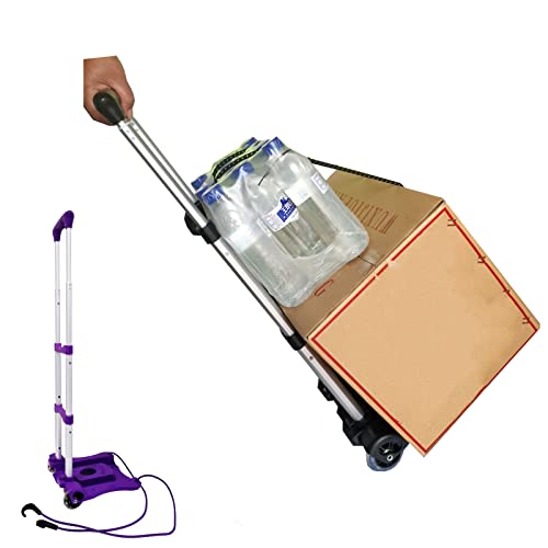Image of Folding Hand Truck and Dolly, 80lbs Collapsible Aluminum Folding Hand Trucks with 2 Elastic Ropes, Compact & Lightweight Folding Luggage Cart for Home & Travel Luggage Moving - Purple