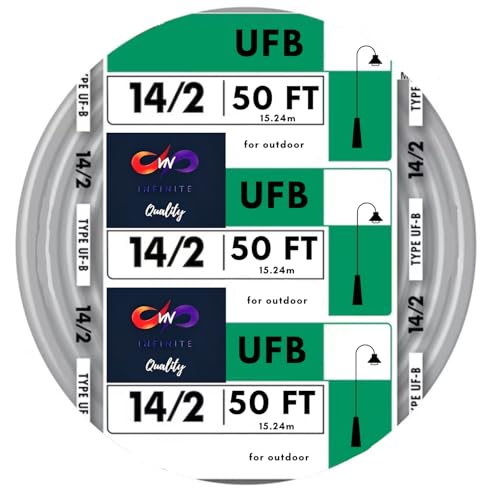 VN Infinite quality 14/2 UF-B Copper Wire 14 Gauge Outdoor Direct Burial Electrical Underground Cable 14AWG 2 Connector Insulated Jacket Gray (50 FT)