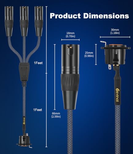Image of XLR Pass Through Cable Splitter, 1 Female Panel Mount to 3 Male Connector Adapter Y Cable, Mic Feed /Pass Thru Converter for Stage Box, Patch Panel, Floor Box 2 feet(F D-Type to 3M)