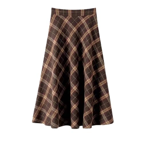 ITAMCO Falda a cuadros de Tweed for mujer, falda larga holgada estilo retro británico, midi de cintura alta y corte en A (Color : Coffee, Size : M)