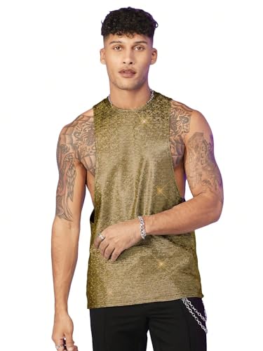 WDIRARA Men's Metallic Glitter Sequin Tank Tops Cut Out Round Neck Party Club Sleeveless Tops