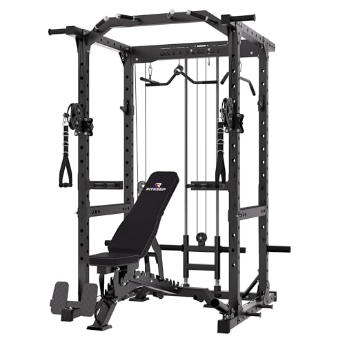 Power Cage, Power Rack 1500 lb Capacity with Cable Crossover & 15-Level Adjustable Pulley, 8 Attachments, Space-Saving Home Gym Multi-Functional Power Rack, RitKeep M10