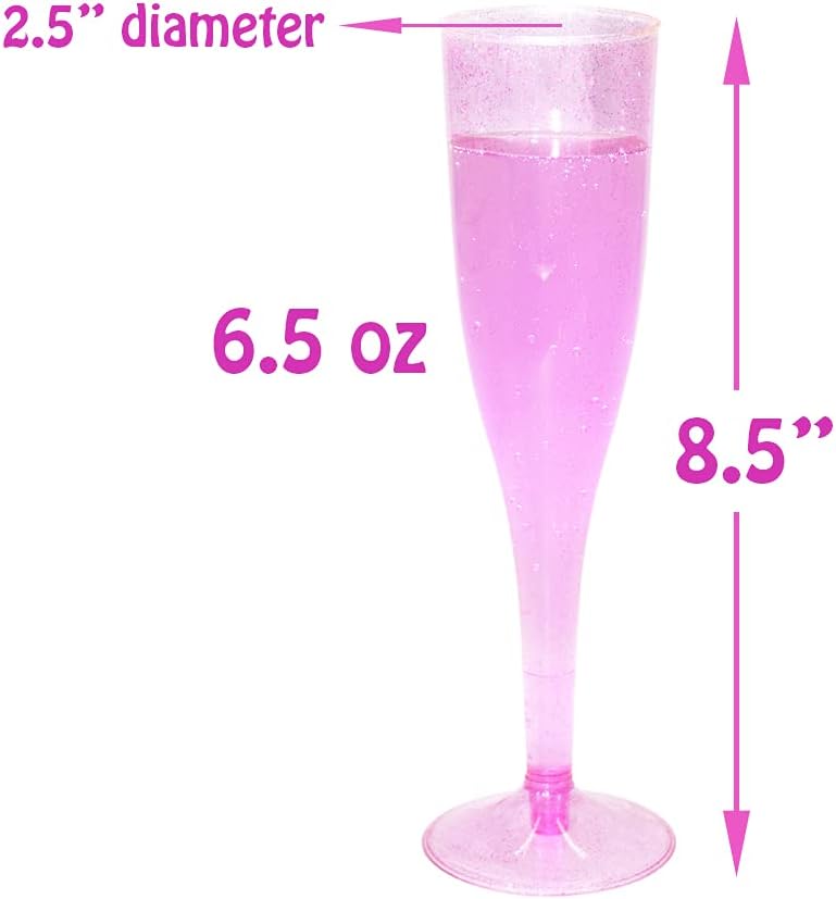 Homy Feel Pink Glitter Plastic Champagne Flutes 30 Pack, 6.5 OZ Disposable Plastic Wine Glasses, Reusable Champagne Glasses, Mimosa Bar Glasses for Bridal Shower Birthday Wedding