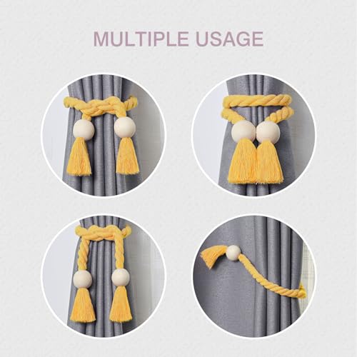 NICEEC 2 Pack Wooden Ball Magnetic Curtain Tiebacks Boho Home Decor Drape Tie Backs Natural Cotton Hand Woven Rope Curtain Holdbacks for Thin & Thick Home & Office Window Draperies (Yellow)