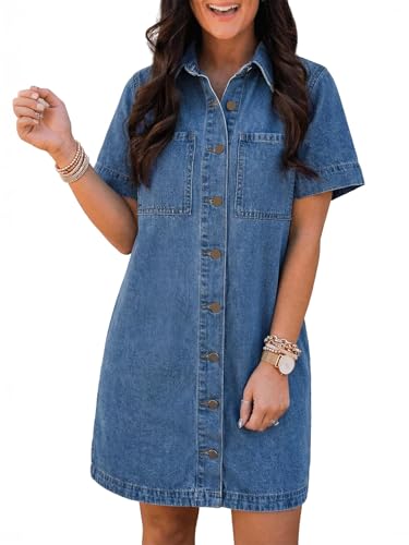 EMMIOL Button Down Denim Dress for Women - Short Sleeve Babydoll Mini Jean Shirt Dresses Summer Casual Trendy Outfits, Dark Blue, L