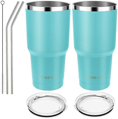 Stainless Steel Tumbler 30oz - Vacuum Insulated Tumbler Coffee Cup Double Wall Large Travel Mug with Lid, Straw, Brush, Gift Box Set (Seafoam, 30oz-2 Pack)