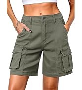ELLEVEN Bermuda Cargo Shorts Women, Elastic High Waist 6 Pockets Shorts 7 Inch Inseam Summer Shor...
